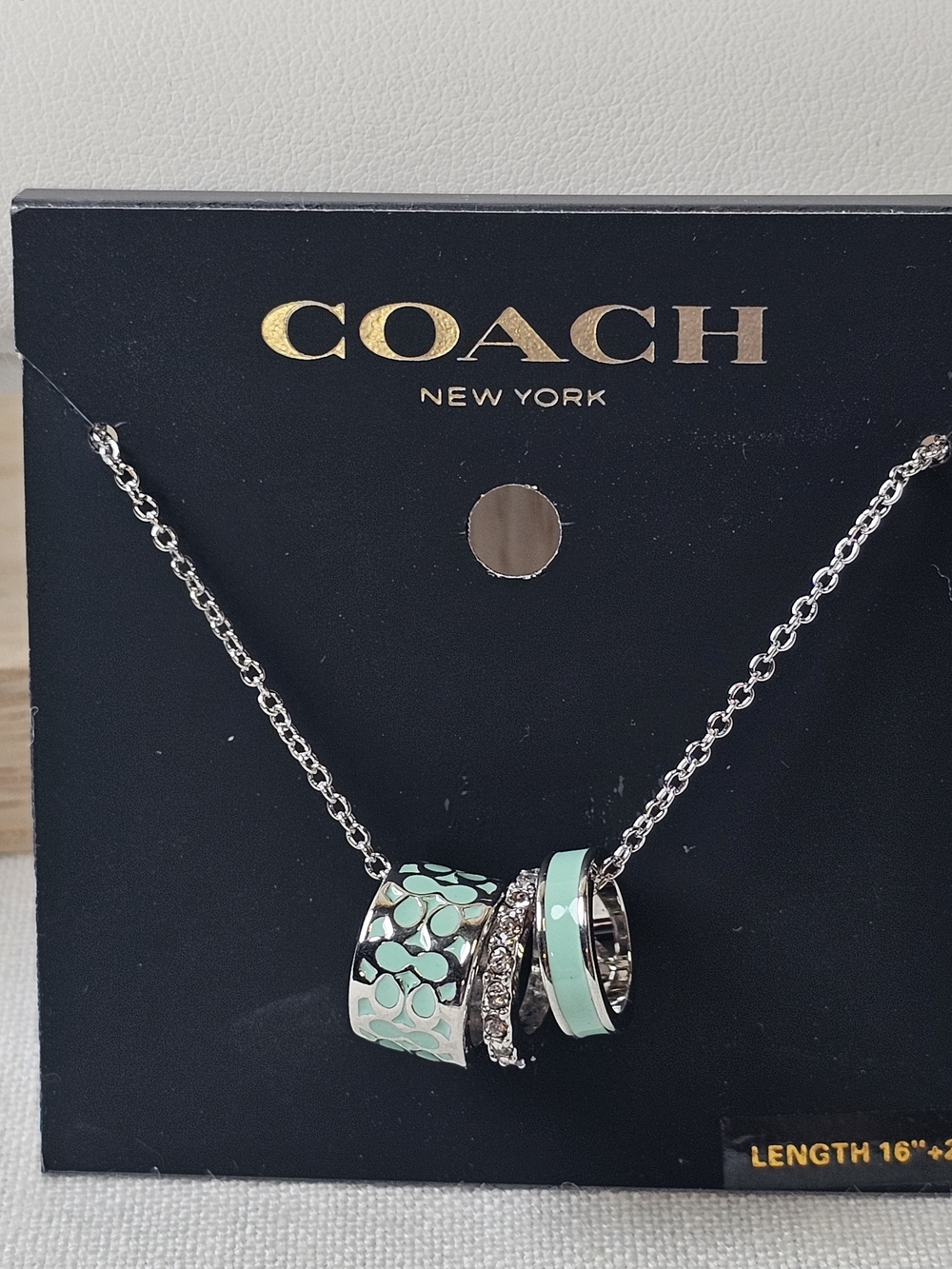 COACH Silver Necklace with Mint Green and Crystal Accents